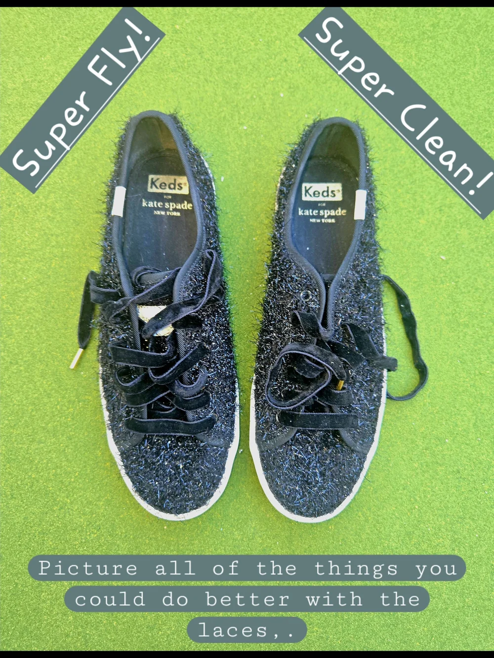 KEDS Kate Spade Anthropologie 6½ Kickstart Black Sparkle Tinsel Fuzzy SPARKLE